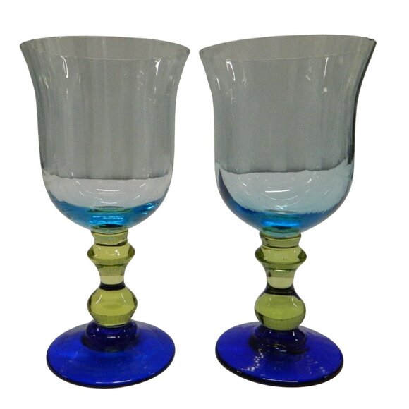 Anthropologie Glass Galleria 7 1/4" Wine Water Goblet Glass Blue Green Set Of 2 - Picture 1 of 10